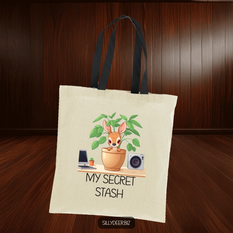 Funny Shy Deer Tote Bag depicting a deer peeking shyly from behind a potted plant on a desk, embodying sweet reserve.